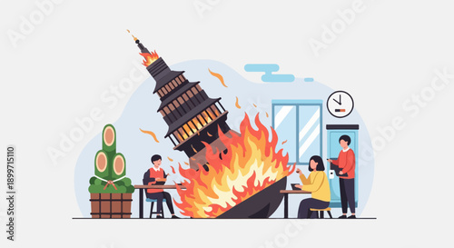 A tilted, burning pagoda structure falls, with people calmly dining nearby