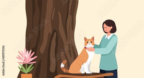 A woman pets her orange cat near a large tree with a flower