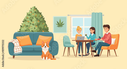 Casual gathering in a bright, modern living room with a dog
