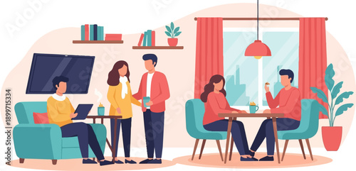 Casual gathering in a living room with people relaxing, working, and socializing