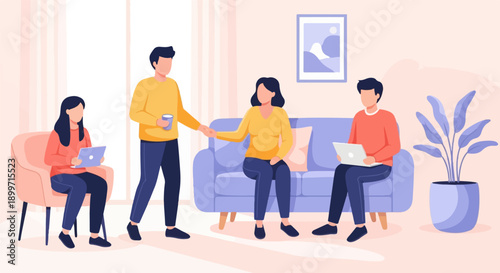 Casual gathering with people working on laptops and socializing indoors