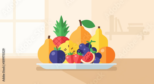A flat design illustration of a vibrant fruit assortment on a white platter
