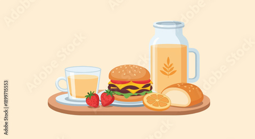 A tray with a burger, drinks, strawberries, orange slice, and bread