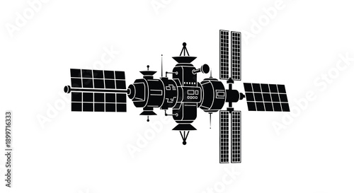 A detailed black silhouette of a space station with solar panels ideal for designs on transparent background high quality professional modern