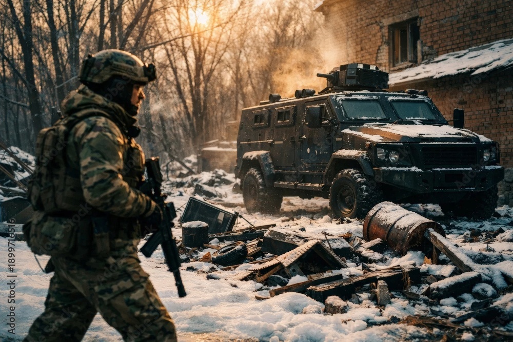 Fototapeta premium Armed soldier near an armored vehicle in a snowy ruined street, military patrol and conflict zone scene at sunset.