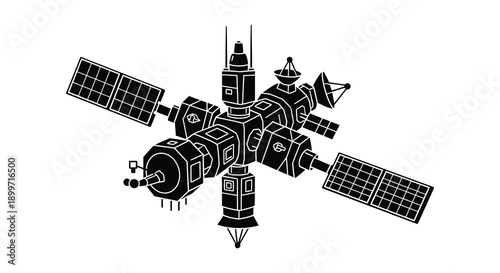 A detailed black silhouette of a space station with solar panels ideal for designs on transparent background high quality professional modern