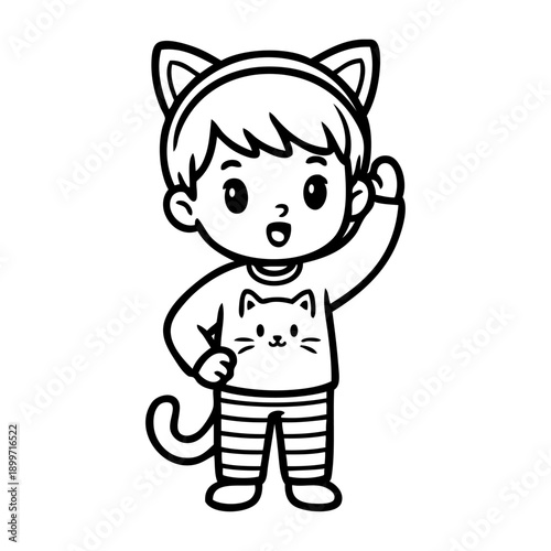 Dibujo sencillo con líneas de un niño disfrazado con orejas y cola de gato para la fiesta de carnaval	