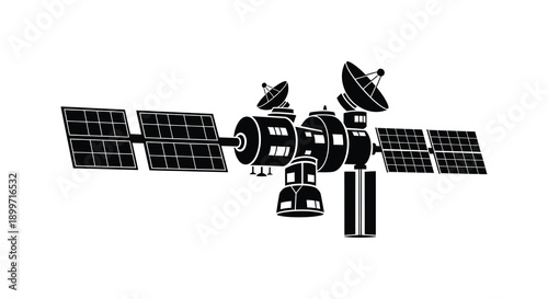 A detailed black silhouette of a space station with solar panels and communication dishes on transparent background high quality professional modern