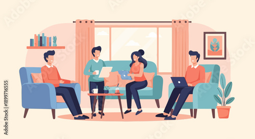 Casual meeting of four individuals in a cozy living room setting