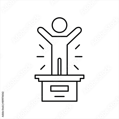 Outline icon of a successful person standing on a statuette, symbolizing ambition, achievement, recognition, personal growth, confidence, leadership, victory, motivation, and wins. Vector EPS 10.