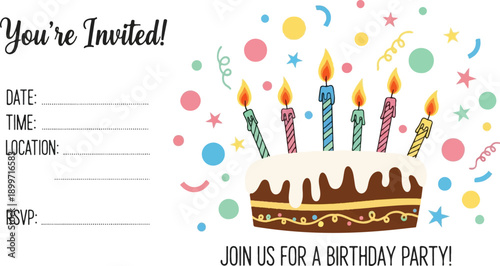 A festive invitation with a decorated cake, candles, and confetti for a birthday celebration