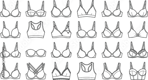 Bra types and lingerie icons set, sports bra, push up, strapless, bralette, nursing, balconette, underwire, lace, fashion technical drawing, vector line art.