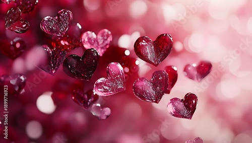 Red and pink hearts floating on bokeh background red hearts