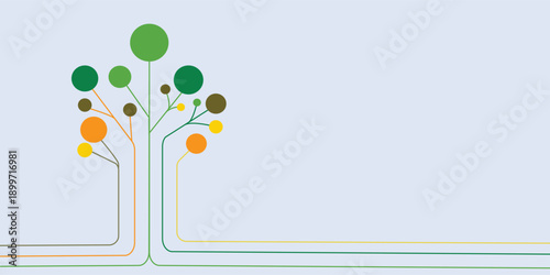 A minimalist graphic illustration depicting a stylized tree with colorful circular leaves and branching lines on a light blue background, symbolizing growth and connection.