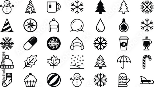 Winter Christmas icons set, snowman, snowflake, pine tree, hot cocoa, holiday seasonal elements, winter clothing, mittens, sled, candy cane, vector line art.
