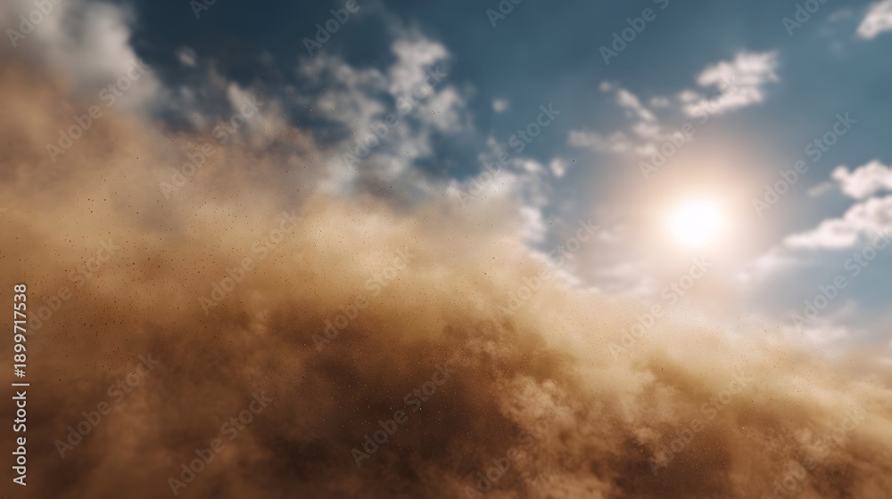 Fototapeta premium Bright sun illuminating a dramatic swirling mass of dust or sand clouds against a blue sky with white clouds