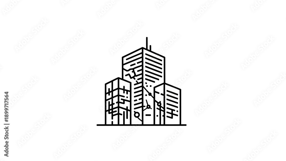 Naklejka premium Modern city buildings line icon with digital connection lines