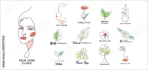 Wallpaper Mural Line art woman face, botanical logo set vector illustration. Minimal continuous one line drawings for beauty, wellness, organic skincare, natural cosmetics. Abstract floral icons for elegant branding Torontodigital.ca