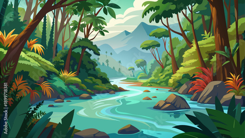 Very beautiful rainforest river in Gunung Leuser National Park, Sumatra, featuring dense tropical foliage, flowing water, and a pristine ecosystem rich in biodiversity and serenity.