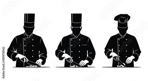Three chefs in silhouette preparing food with knives a culinary illustration on transparent background high quality professional detailed modern elegant stylish