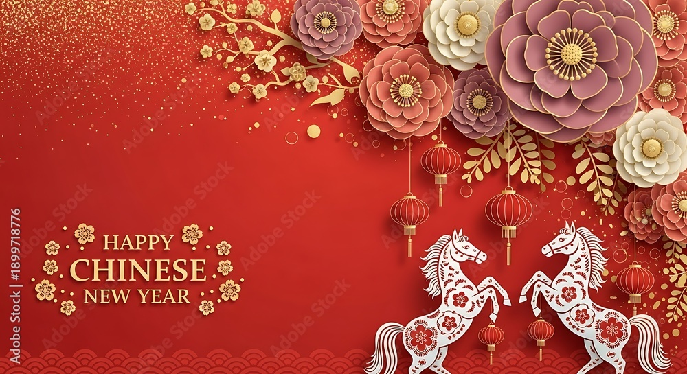 Obraz premium Happy chinese new year greeting with fireworks and flowers background