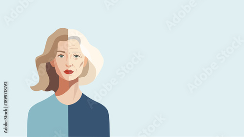 Double portrait half face young woman half face mature old woman flat design vector illustration banner flyer website