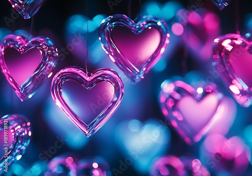 Glowing pink and blue hearts on strings