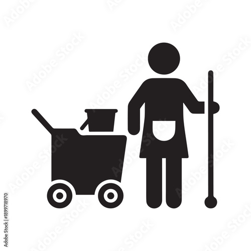 Professional maid or janitor cleaning service icon with broom and trolley silhouette
