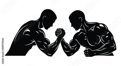 Two muscular men engaged in an intense arm wrestling match depicted in a striking black silhouette on transparent background high quality