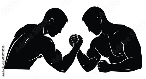 Two muscular men engaged in an intense arm wrestling match depicted in a striking black silhouette on transparent background high quality
