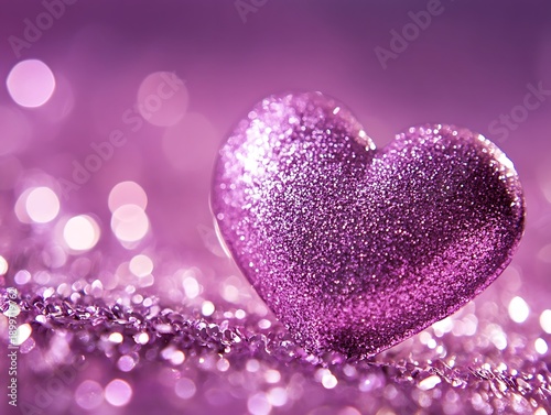 Pink glitter heart on purple background with bokeh lights
