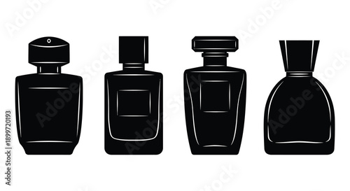 A collection of four black perfume bottle silhouettes displayed in a row on transparent background high quality professional detailed modern elegant