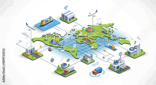 Global logistics and supply chain management illustration depicting interconnected international trade routes and industrial hubs
