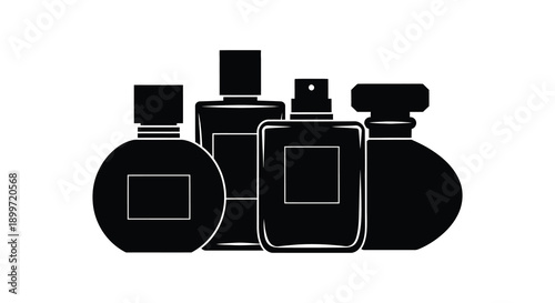 A collection of various perfume bottles in a black silhouette ideal for design projects on transparent background high quality professional detailed
