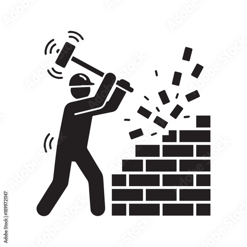 Demolition worker silhouette with sledgehammer breaking brick wall icon
