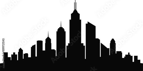 Black city skyline silhouette with tall skyscrapers and spire architecture, urban landscape vector for branding, design, and stock illustration.