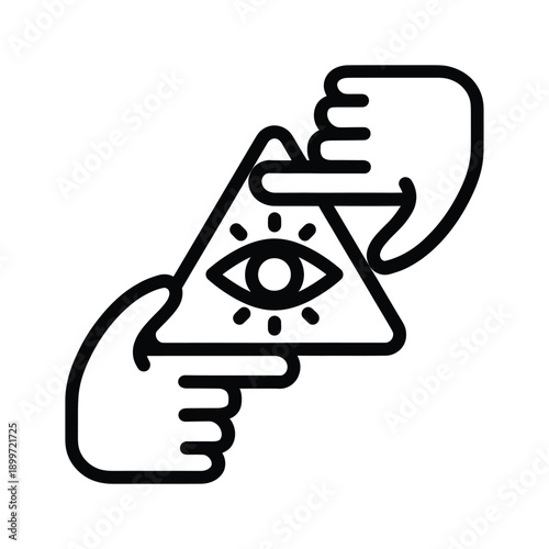 Hands holding an eye within a triangular shape line art illustration