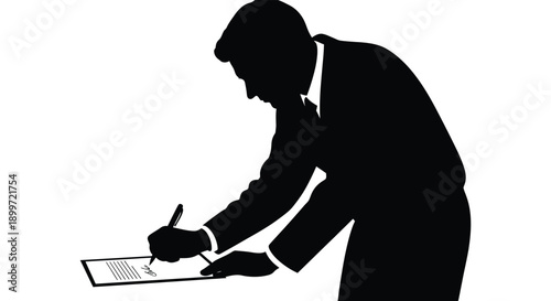 A black silhouette of a man in a suit signing a document presented on transparent background silhouette high quality professional detailed