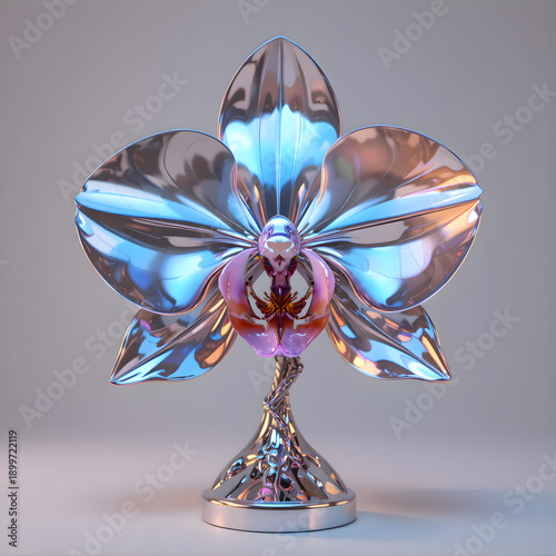 Surreal Chrome Orchid Sculpture with Iridescent Reflections, Delicate Metallic Petals, Ultra Detailed 3D Ilustration