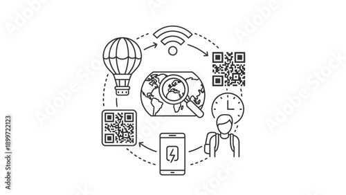 Global travel logistics and digital exploration outline icon