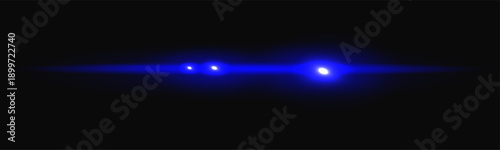 Blue laser beam with light flare and neon horizontal line for technology background. Bright streak overlay with digital shine speed effect in dark space. Abstract vector ray motion isolated