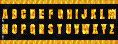 Circus light font with marquee led bulb. Cinema alphabet neon typography. Retro sign letter for vintage cabaret design. Shiny glowing effect for gold pizza banner. Creative burlesque vector symbol.