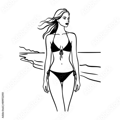 Vacaciones de verano. Dibujo sencillo con líneas de una mujer de frente con bañador en una playa frente a las olas del mar