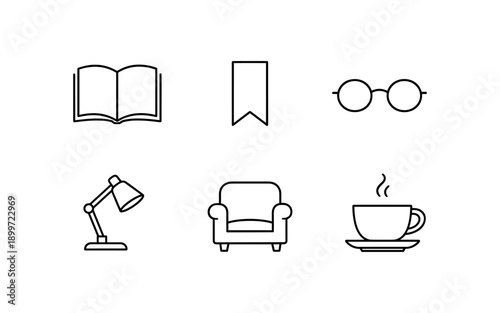 Collection of simple line icons representing reading and relaxation elements