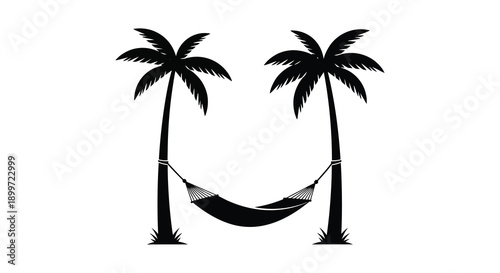 Two palm trees with a hanging hammock create a relaxing tropical scene on transparent background silhouette high quality professional detailed modern