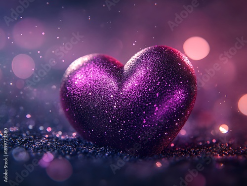 Pink heart with glitter on purple background sparkly bokeh