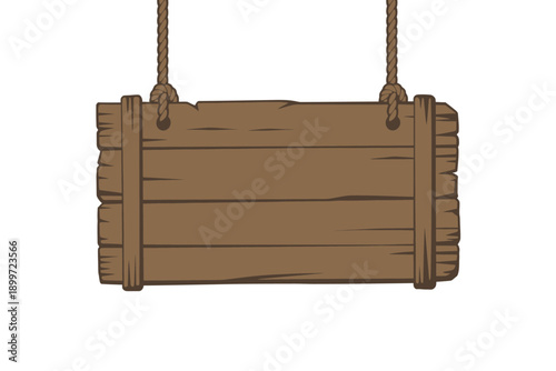 A rustic wooden sign hanging from a rope on a white background