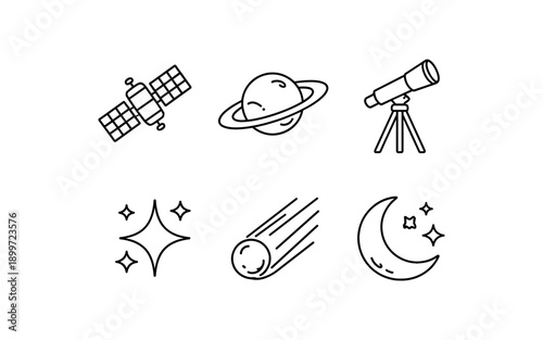 Collection of simple line art icons representing space exploration and celestial bodies
