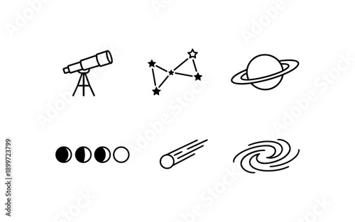 Collection of simple line art icons representing space and astronomy elements