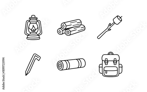 Camping and outdoor adventure icons: lantern, logs, marshmallow, tent stake, sleeping bag, backpack
